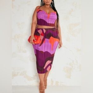 PrettyLittleThing Pink, Purple & Orange Abstract Pleated Midi Skirt & Crop Top